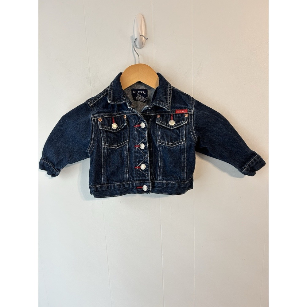 Guess Girls Dark Wash Denim Trucker Jacket Red Stitching 2T Blue Cotton RN102036